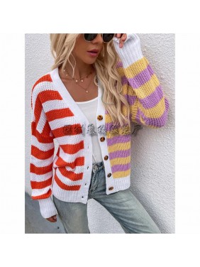 Striped loose sweater single breasted cardigan sweater fashion outfits