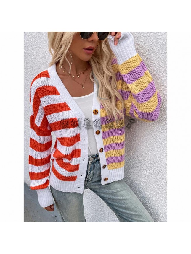 Striped loose sweater single breasted cardigan sweater fashion outfits