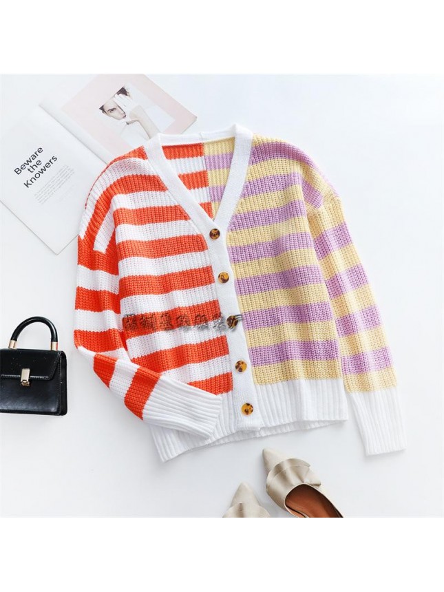 Striped loose sweater single breasted cardigan sweater fashion outfits