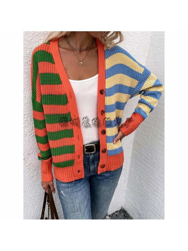 Striped loose sweater single breasted cardigan sweater fashion outfits