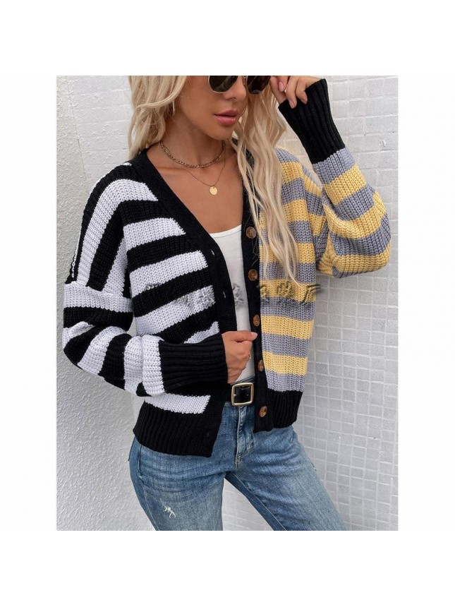 Striped loose sweater single breasted cardigan sweater fashion outfits