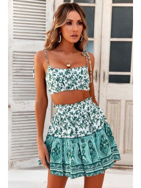 Floral Print Tie Strap Boho Two Piece Dress – Green