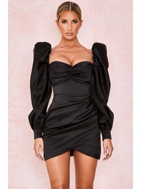 Puff Sleeve Sweetheart Ruched Bodycon Mini Little Black Dress – Black