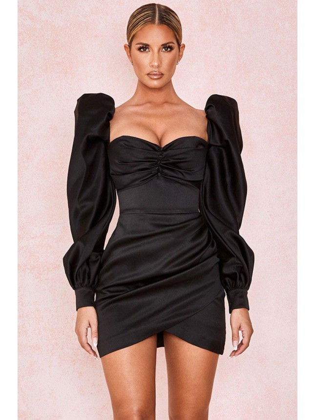 Puff Sleeve Sweetheart Ruched Bodycon Mini Little Black Dress – Black