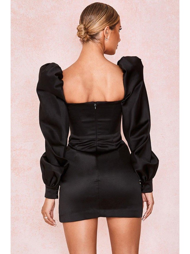 Puff Sleeve Sweetheart Ruched Bodycon Mini Little Black Dress – Black