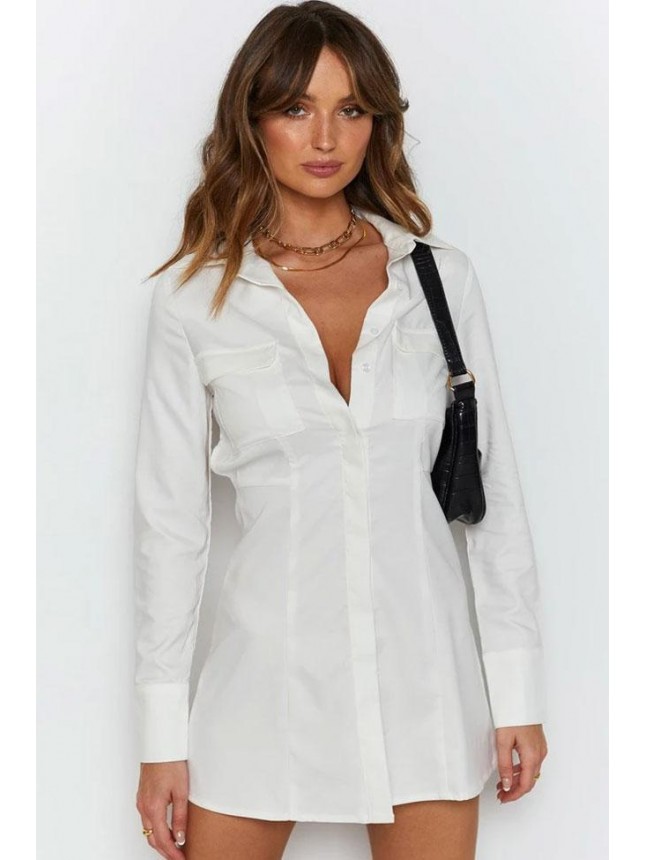 Long Sleeve Cut Out Collared Button Down Mini Shirt Dress – White
