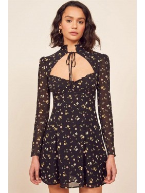 Floral Print Tie Front Cut Out Mandarin Collar Mini Dress – Black