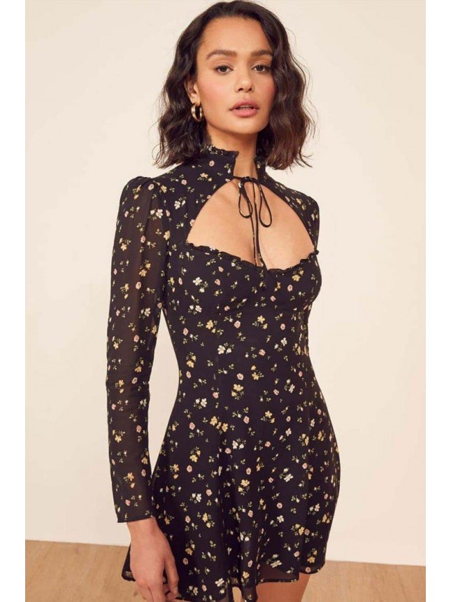 Floral Print Tie Front Cut Out Mandarin Collar Mini Dress – Black