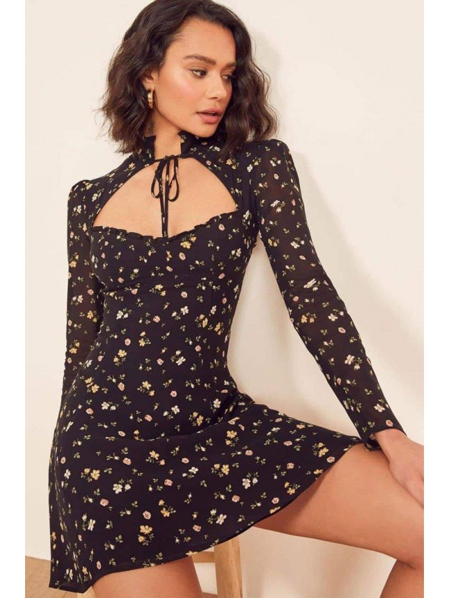 Floral Print Tie Front Cut Out Mandarin Collar Mini Dress – Black
