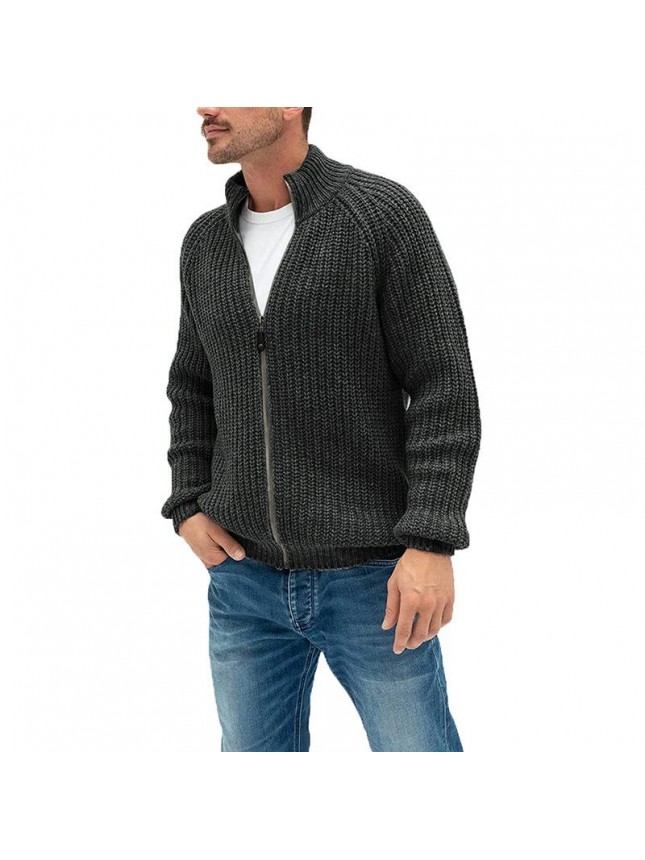 Sweater cardigan men’s pure color zipper high collar knit jacket large size fashion outfits