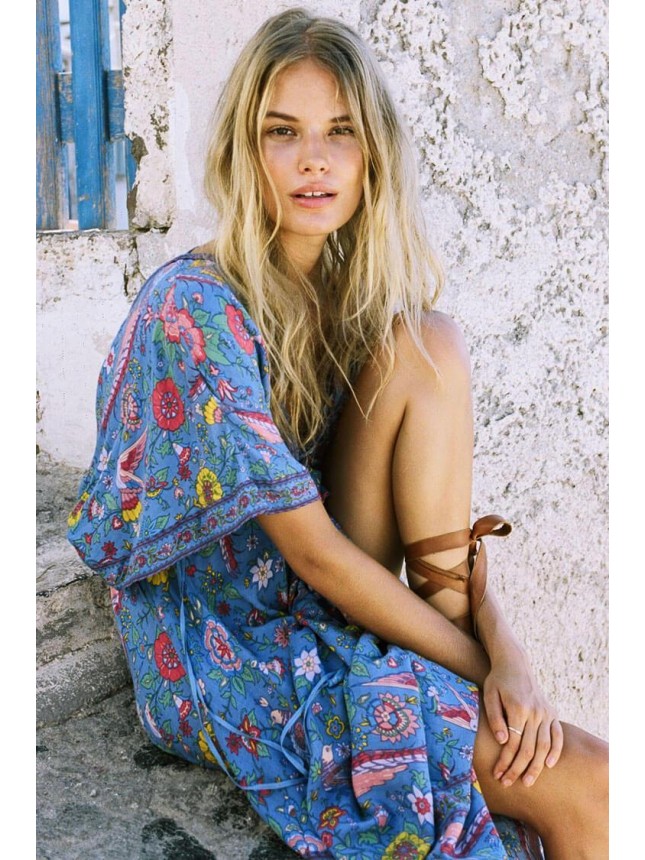 Floral Print Short Sleeve Maxi Boho Vacation Dress – Blue