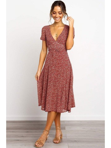 Belted Floral Short Sleeve Midi Dress – Red