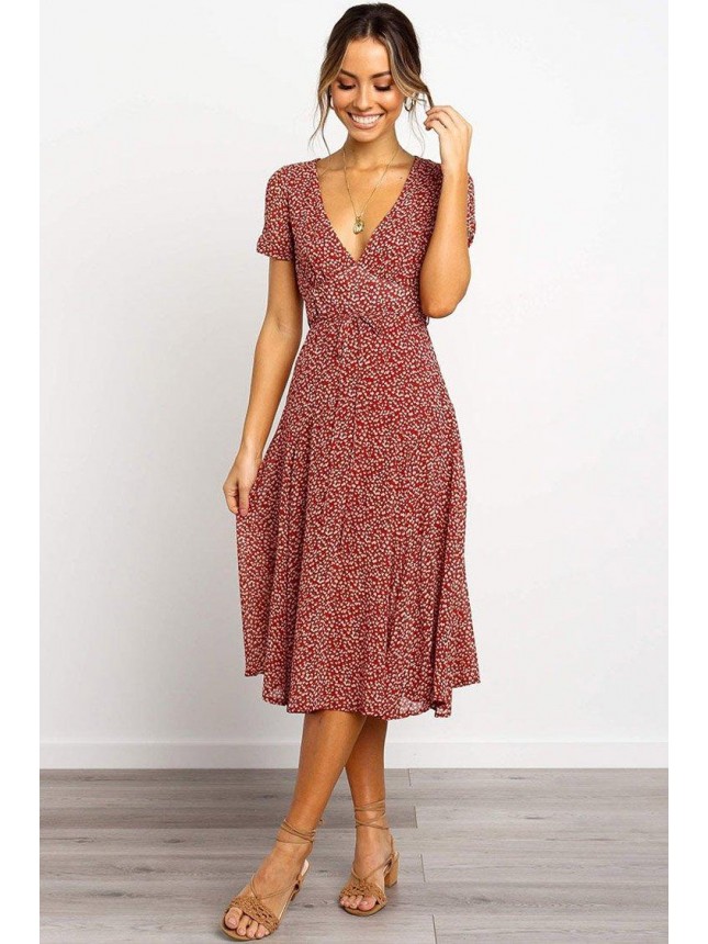 Belted Floral Short Sleeve Midi Dress – Red
