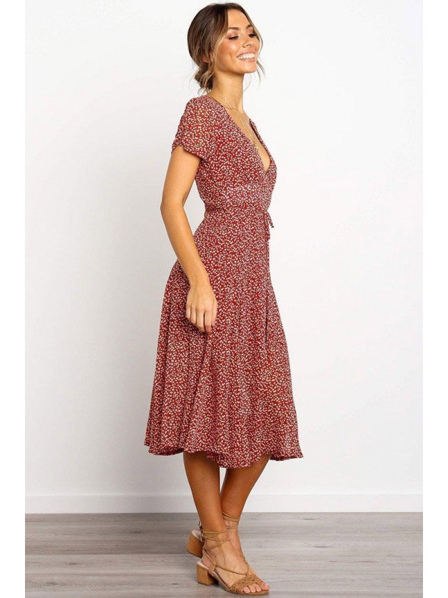 Belted Floral Short Sleeve Midi Dress – Red