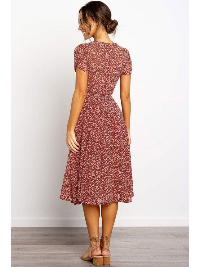 Belted Floral Short Sleeve Midi Dress – Red