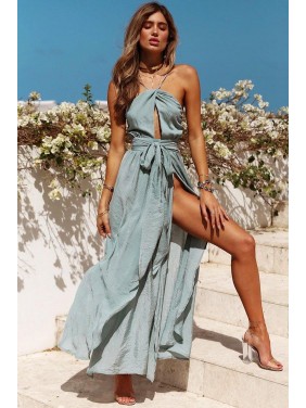 Halter High Split Maxi Beach Vacation Dress – Blue