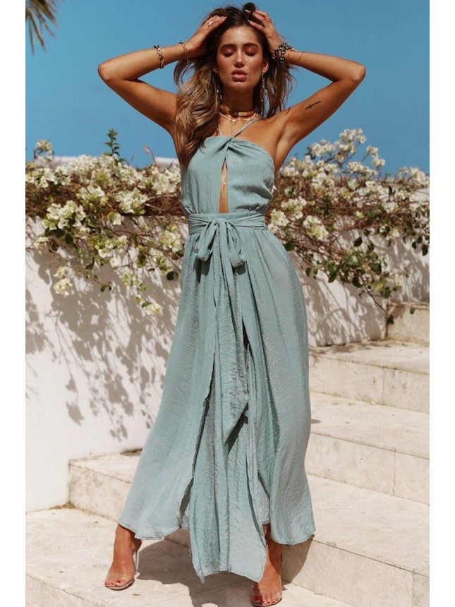 Halter High Split Maxi Beach Vacation Dress – Blue