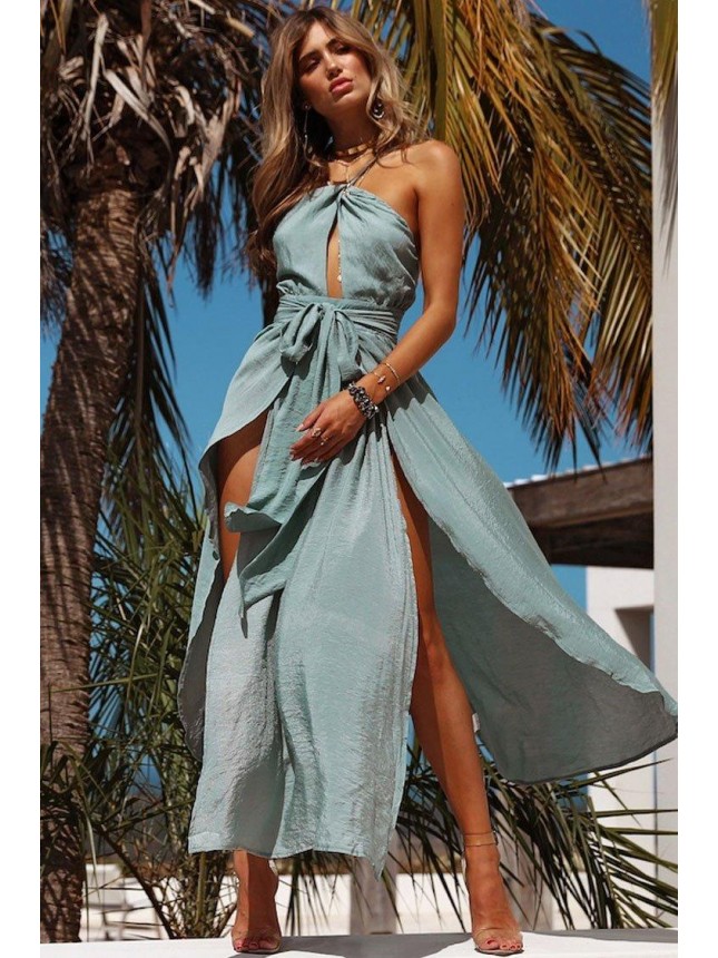 Halter High Split Maxi Beach Vacation Dress – Blue