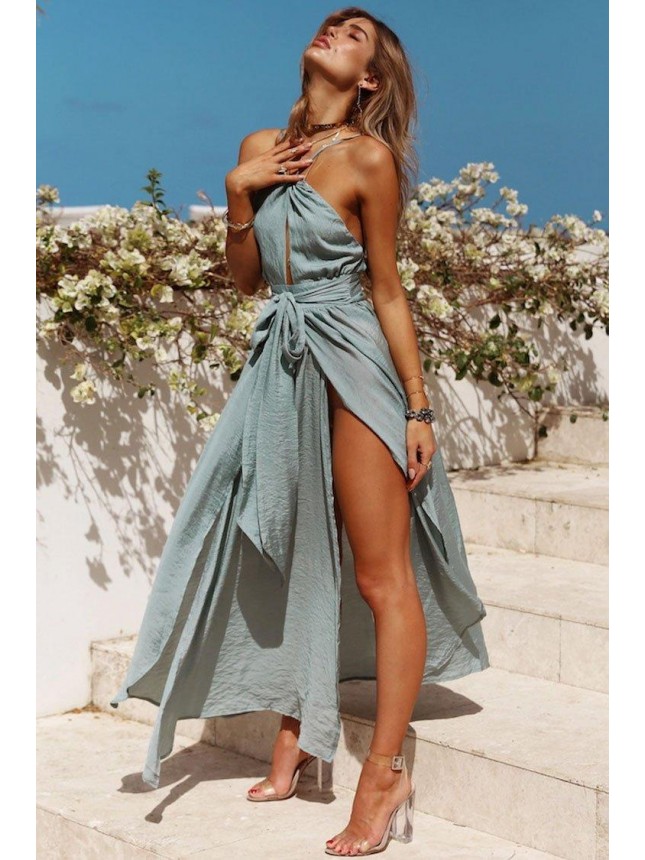 Halter High Split Maxi Beach Vacation Dress – Blue
