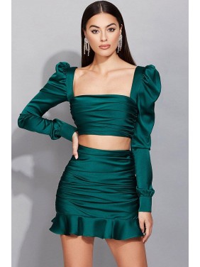 Puff Sleeve High Waist Ruched Satin Two Piece Mini Dress – Emerald Green