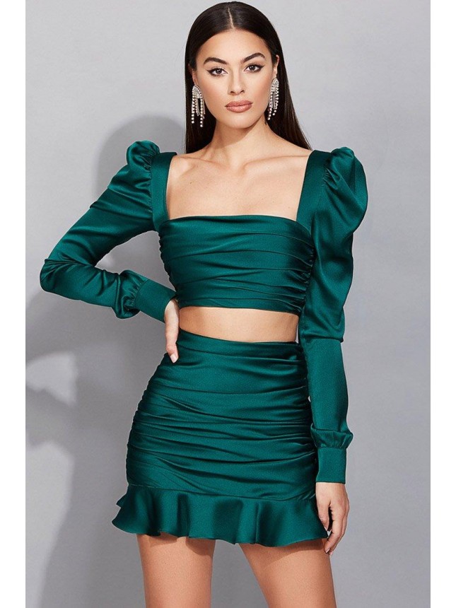 Puff Sleeve High Waist Ruched Satin Two Piece Mini Dress – Emerald Green