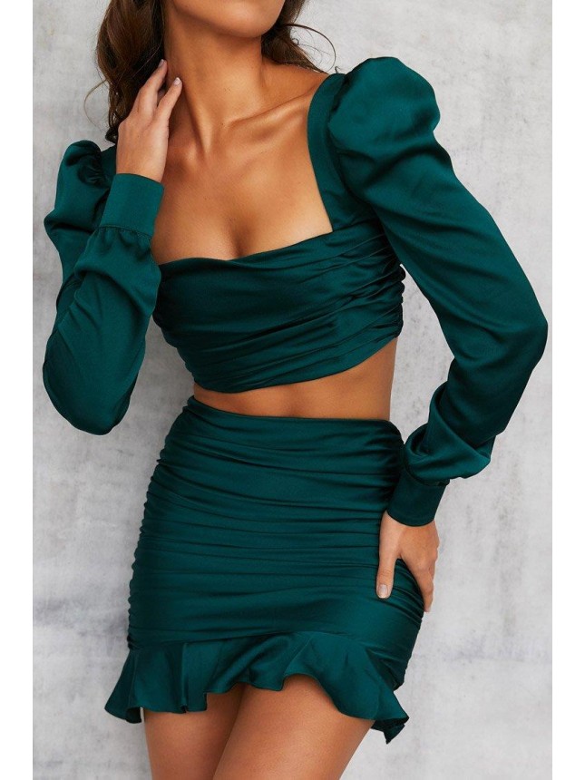 Puff Sleeve High Waist Ruched Satin Two Piece Mini Dress – Emerald Green