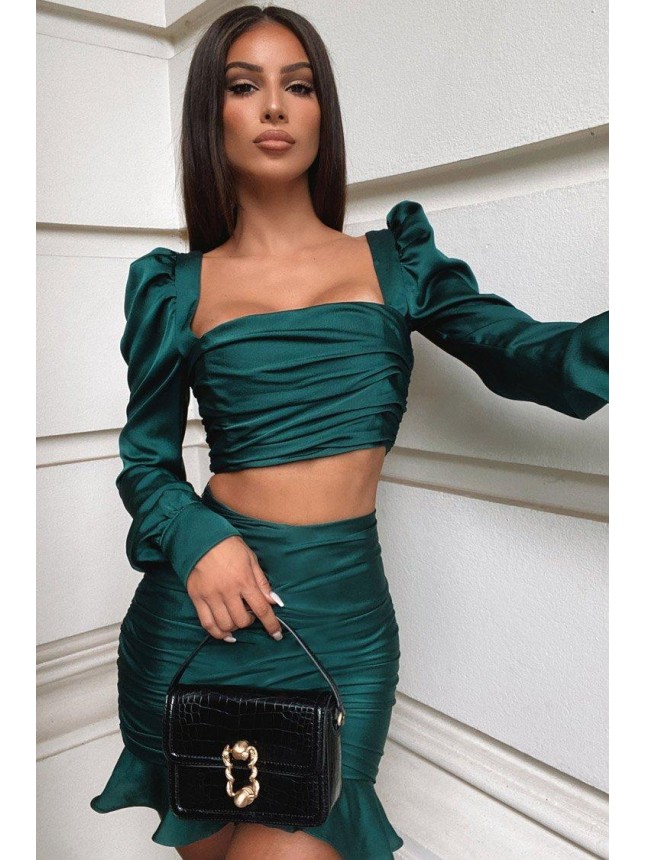 Puff Sleeve High Waist Ruched Satin Two Piece Mini Dress – Emerald Green