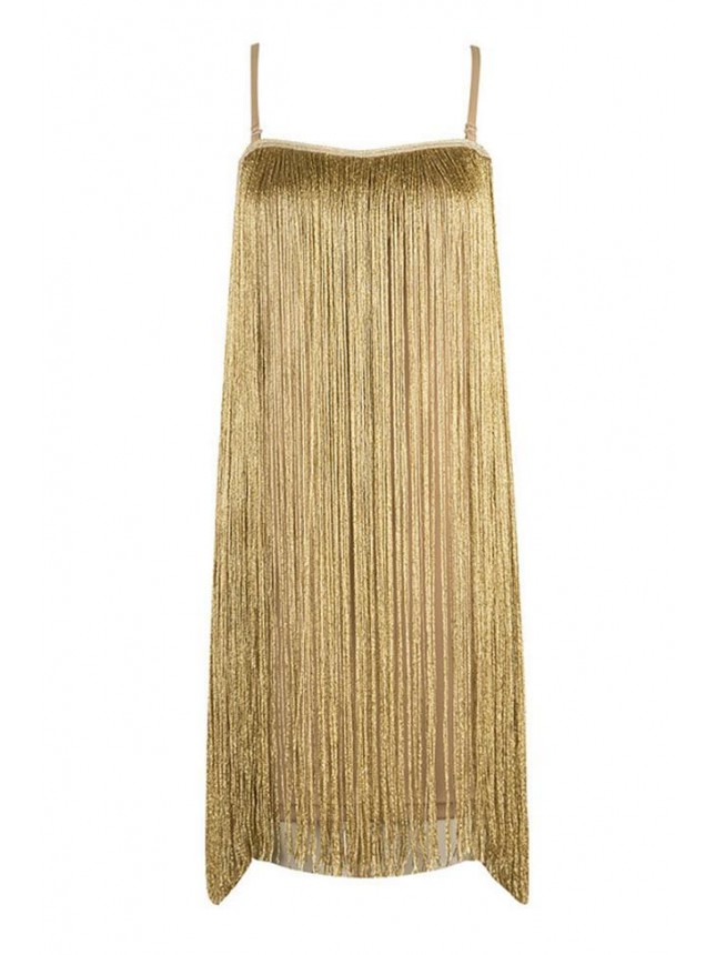 Glitter Fringe Belted Spaghetti Strap Mini Flapper Dress – Gold