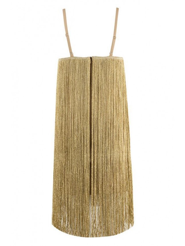 Glitter Fringe Belted Spaghetti Strap Mini Flapper Dress – Gold