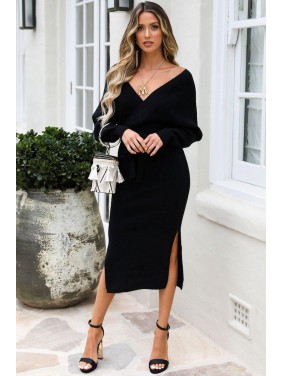 Belted Slit Side Wrap Winter Midi Sweater Dress – Black