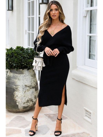 Belted Slit Side Wrap Winter Midi Sweater Dress – Black