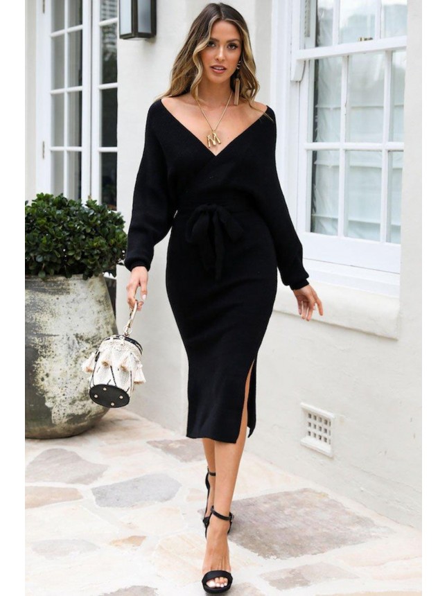 Belted Slit Side Wrap Winter Midi Sweater Dress – Black