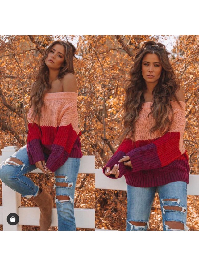 Spliced sweater set OL commuter color loose sweater fashion outfits