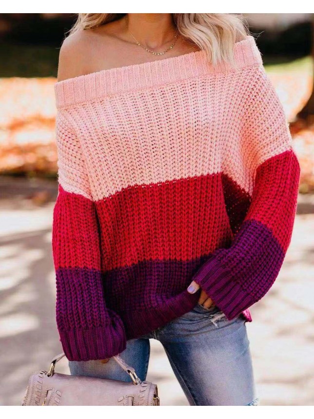 Spliced sweater set OL commuter color loose sweater fashion outfits