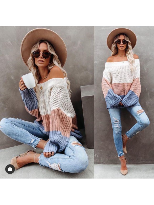 Spliced sweater set OL commuter color loose sweater fashion outfits