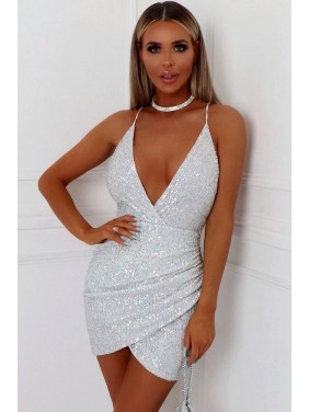 Night Out Backless V Neck Sequin Bodycon Mini Dress – Silver