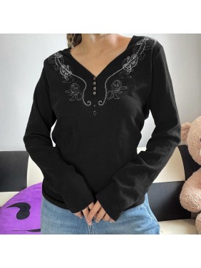 New rib embroidery retro printing button long sleeved top T shirt