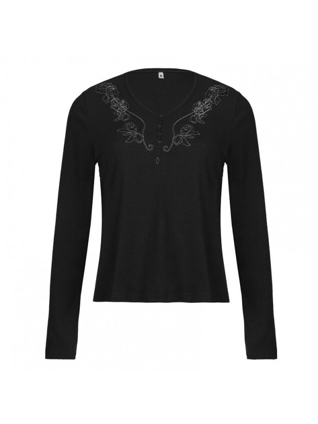 New rib embroidery retro printing button long sleeved top T shirt