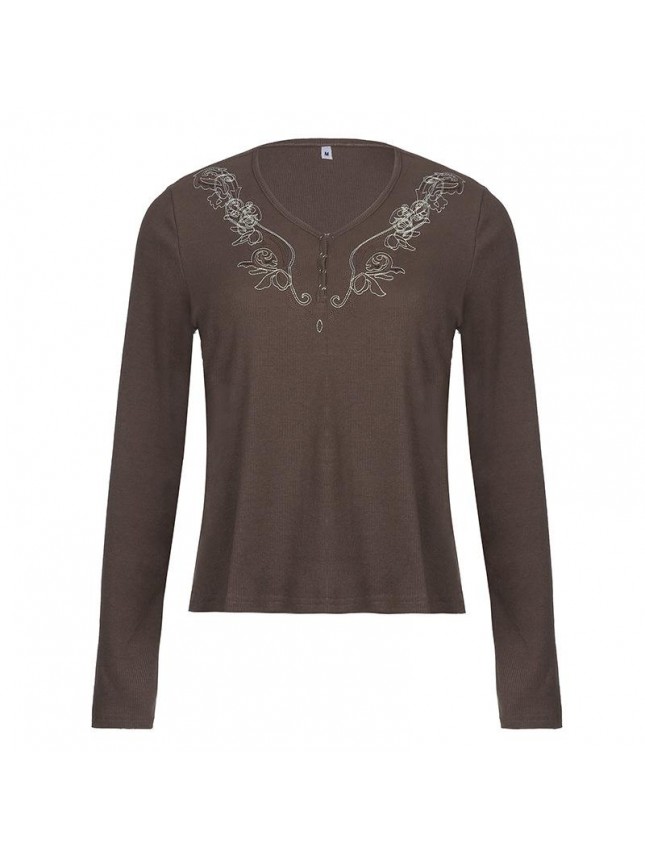 New rib embroidery retro printing button long sleeved top T shirt