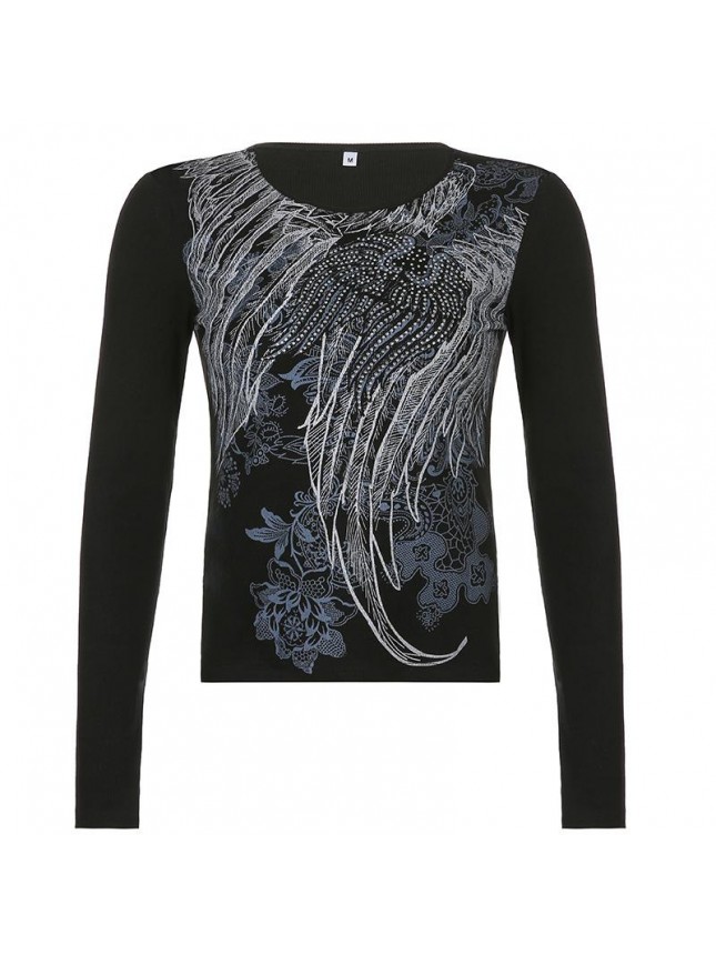 New rib embroidery retro printing button long sleeved top T shirt