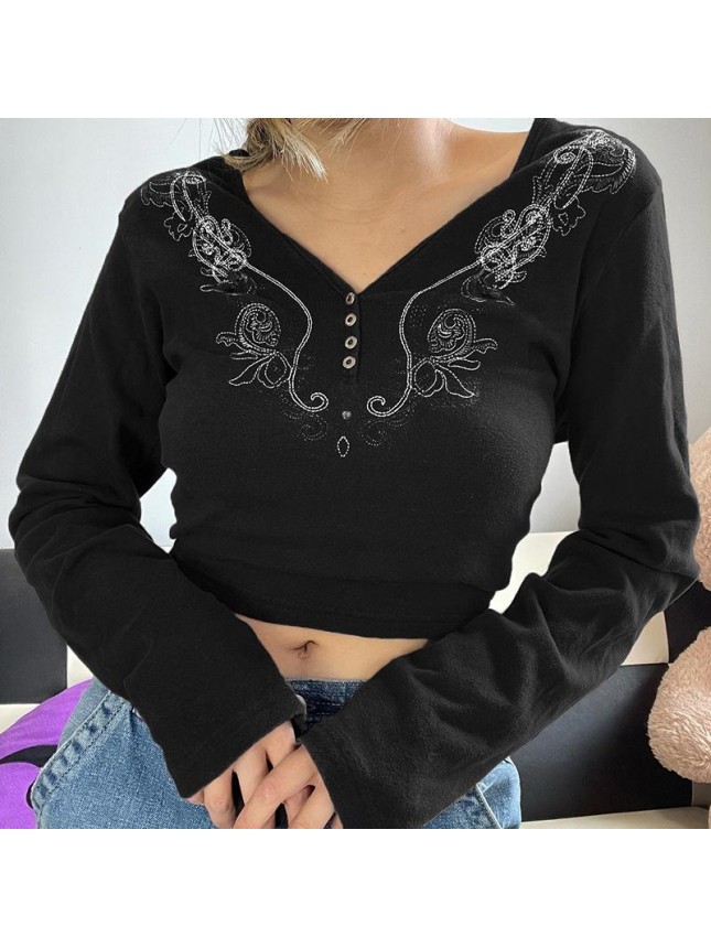 New rib embroidery retro printing button long sleeved top T shirt