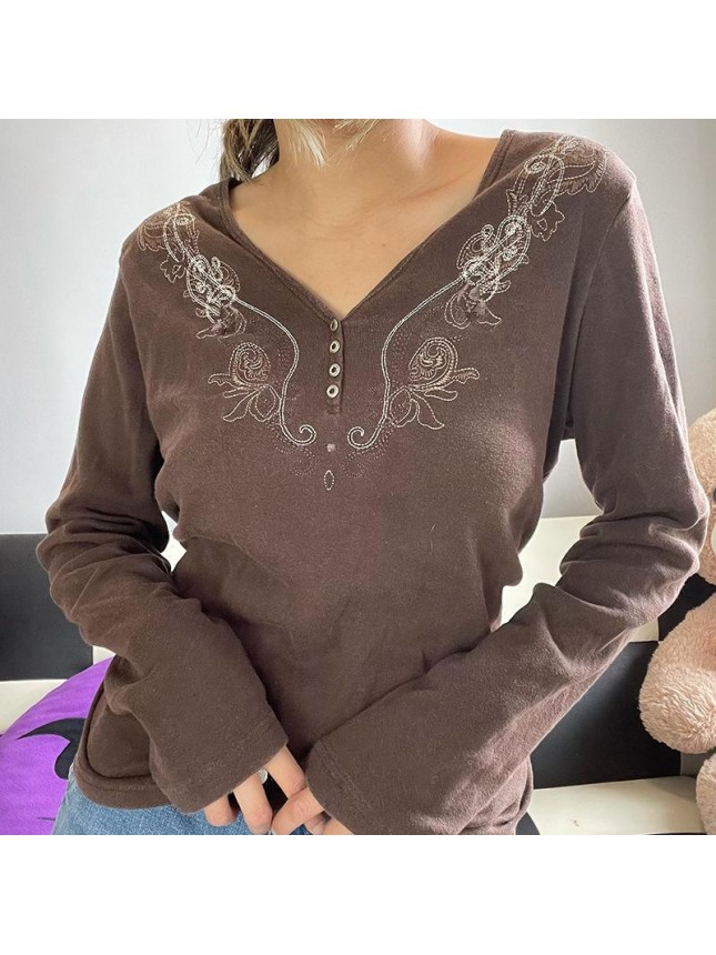 New rib embroidery retro printing button long sleeved top T shirt