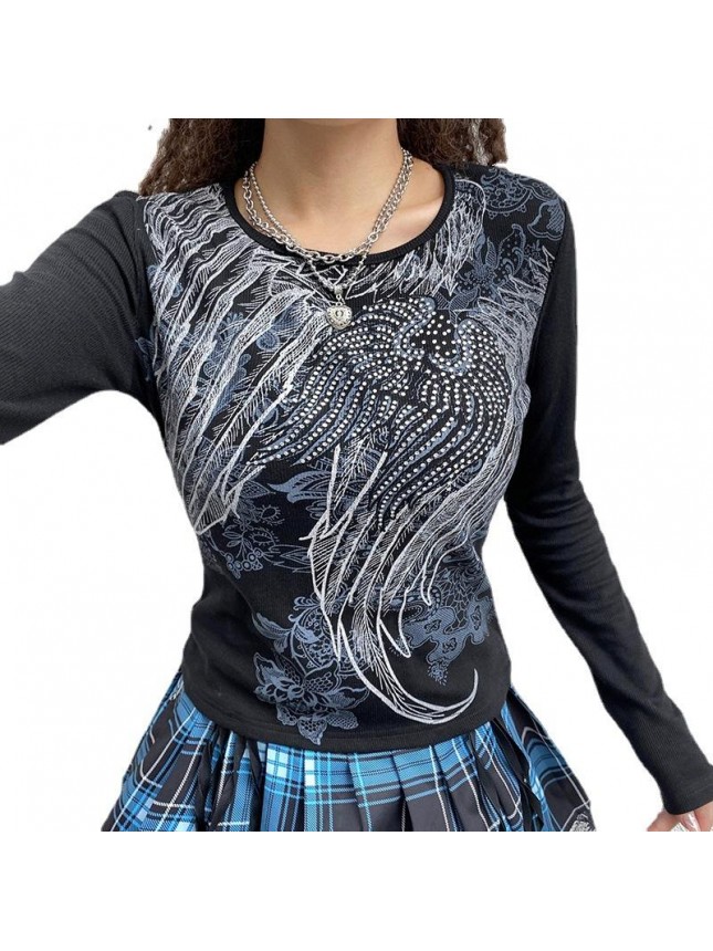 New rib embroidery retro printing button long sleeved top T shirt