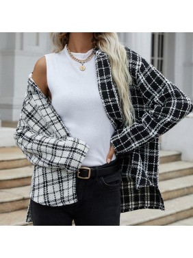 Long sleeved shirt black and white splicing lattice single breasted cardigan jacket