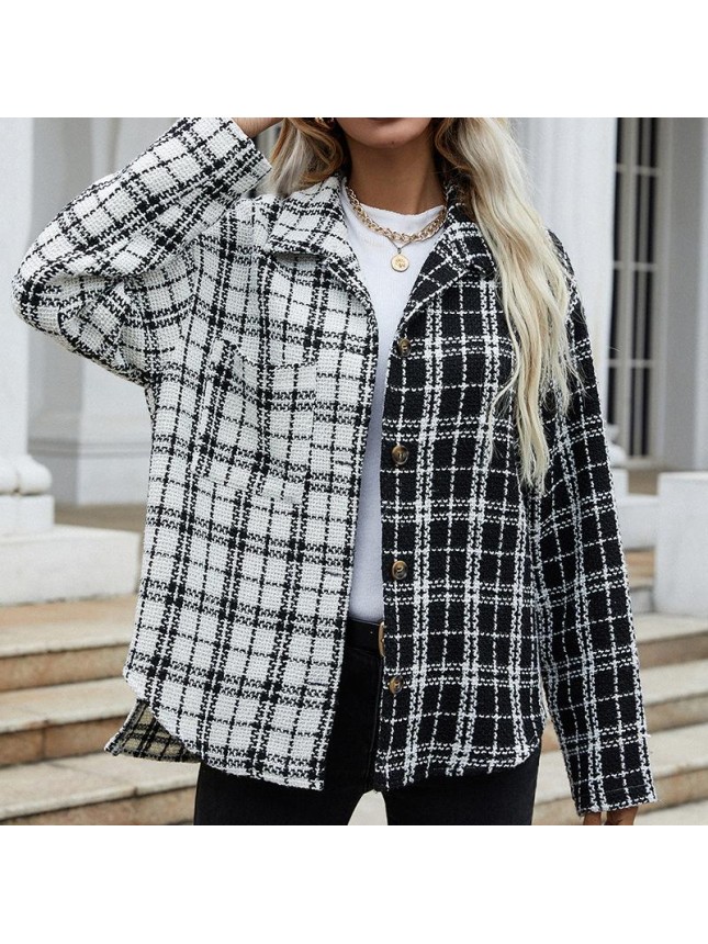 Long sleeved shirt black and white splicing lattice single breasted cardigan jacket