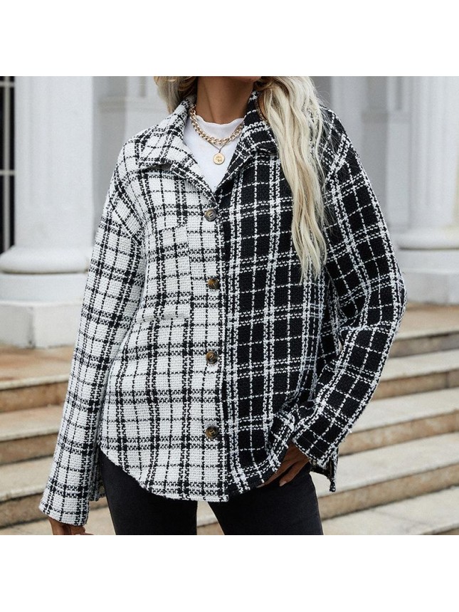 Long sleeved shirt black and white splicing lattice single breasted cardigan jacket