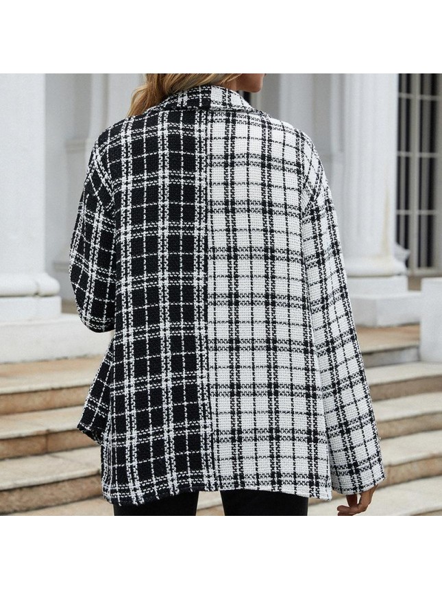 Long sleeved shirt black and white splicing lattice single breasted cardigan jacket