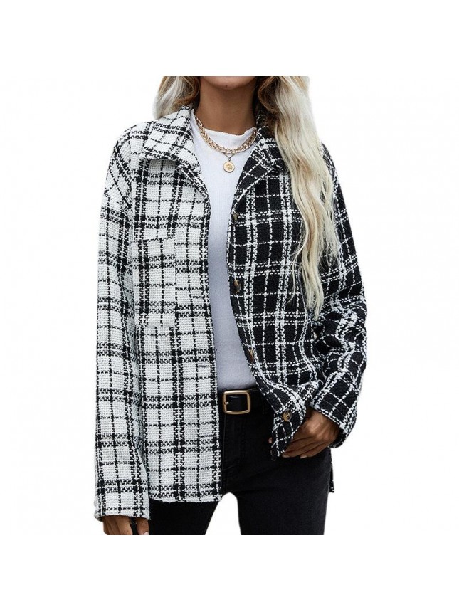 Long sleeved shirt black and white splicing lattice single breasted cardigan jacket