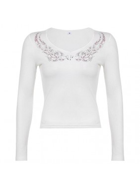 Printed hot diamond color V word collar bottoming shirt stuck long sleeve shirt