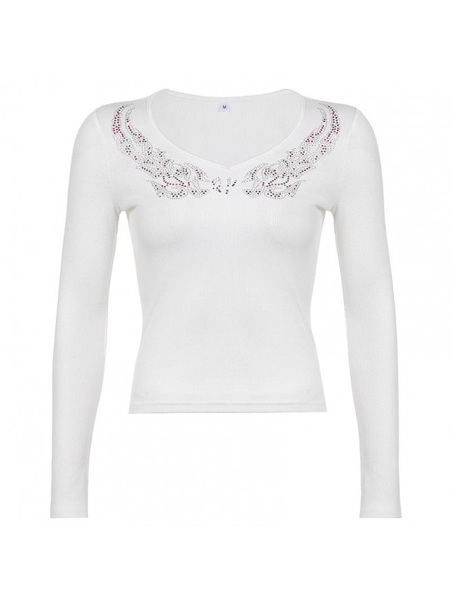 Printed hot diamond color V word collar bottoming shirt stuck long sleeve shirt